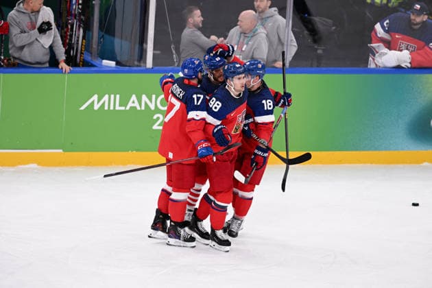 Winter Olympics - Ice hockey, Eishockey Men Czechia vs Denmark - Qualification Play-off Filip Hronek (17) of Czechia, Martin Necas (98) of Czechia and Ondrej Palat (18) of Czechia during Ice Hockey Men Czechia vs Denmark - Qualification Play-off on day eleven of the Milano Cortina 2026 Winter Olympic Games, Olympische Spiele, Olympia, OS on February 17, 2026 in Milan, Italy. Photo by JMP ABACAPRESS.COM Milan Italy  Copyright: xJMP ABACAx