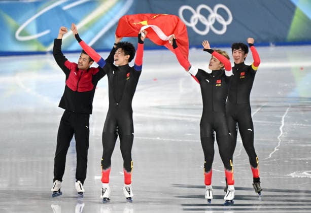 (260217) -- MILAN, Feb. 17, 2026 -- Liu Hanbin, Wu Yu, Li Wenhao and Ning Zhongyan of China celebrate after the Speed skating, Eisschnelllauf men s team pursuit final B between China and the Netherlands at the Milan-Cortina 2026 Olympic Winter games, Winterspiele,Spiele, Summer games in Milan, Italy, Feb. 17, 2026. ) (MICO2026)ITALY-MILAN-OLYMPIC WINTER GAMES-SPEED SKATING-MEN S TEAM PURSUIT-FINALS WuxWei 