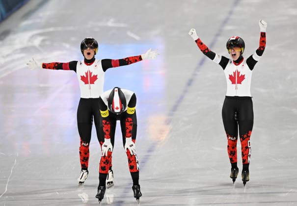 (260217) -- MILAN, Feb. 17, 2026 -- Ivanie Blondin (R), Valerie Maltais (L) and Isabelle Weidemann of Canada celebrate after the Speed skating, Eisschnelllauf women s team pursuit final A between Canada and the Netherlands at the Milan-Cortina 2026 Olympic Winter games, Winterspiele,Spiele, Summer games in Milan, Italy, Feb. 17, 2026. ) (MICO2026)ITALY-MILAN-OLYMPIC WINTER GAMES-SPEED SKATING-WOMEN S TEAM PURSUIT-FINALS WuxWei 