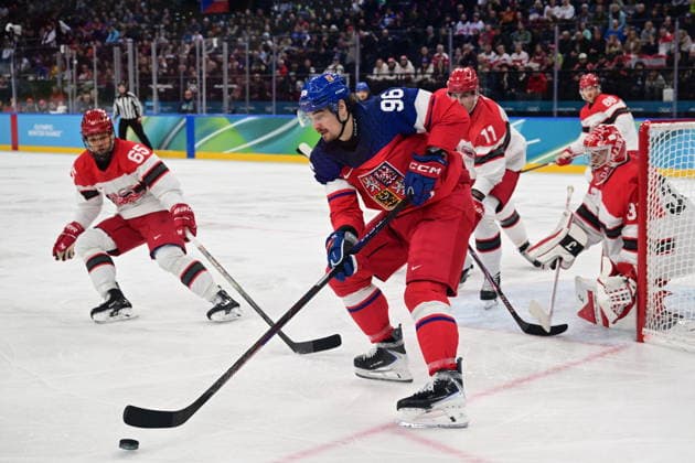 XXV Winter Olympic Games, Olympische Spiele, Olympia, OS in Milan, Italy, on February 17, 2026. Men s Ice hockey, Eishockey preliminary round playoffs, Czechia - Denmark. From left: Christian Wejse of Denmark, David Tomasek of the Czech Republic, Alexander True of Denmark, Frederik Andersen of Denmark. (CTKxPhoto MichalxKamaryt) CTKPhotoP2026021707001  CTKPhotoP2026021707001