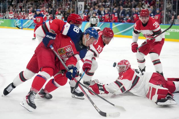 Milano Cortina 2026, Milan, Italy, 17.02, 2026, MiCo2026, MiCo, 2026, Olympics, Olympic, Winter Olympic, Olympic Winter games, Winterspiele,Spiele, Summer games Ice hockey, Eishockey Ondrej Palat of Czechia in action against Matias Lassen and Frederik Andersen of Denmark during play off ice hockey game between Czech Republic and Denmark Milano Cortina 2026 Olympic Winter Games in Milan, Italy, 17.02.2026. Photo: Roman Koksarov (RKF) Milan Italy Copyright: xRomanxKoksarovx DSC02397.JPG