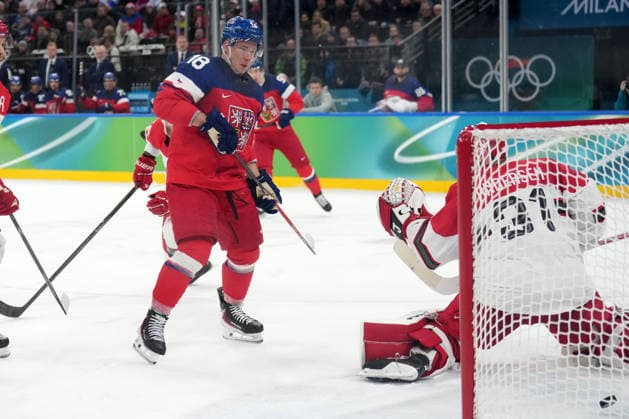 Milano Cortina 2026, Milan, Italy, 17.02, 2026, MiCo2026, MiCo, 2026, Olympics, Olympic, Winter Olympic, Olympic Winter games, Winterspiele,Spiele, Summer games Ice hockey, Eishockey Ondrej Palat of Czechia and Frederik Andersen of Denmark in action during play off ice hockey game between Czech Republic and Denmark Milano Cortina 2026 Olympic Winter Games in Milan, Italy, 17.02.2026. Photo: Roman Koksarov (RKF) Milan Italy Copyright: xRomanxKoksarovx DSC02448.JPG
