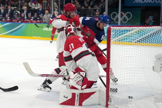 Milano Cortina 2026, Milan, Italy, 17.02, 2026, MiCo2026, MiCo, 2026, Olympics, Olympic, Winter Olympic, Olympic Winter games, Winterspiele,Spiele, Summer games Ice hockey, Eishockey David Kampf of Czechia and Frederik Andersen of Denmark in action during play off ice hockey game between Czech Republic and Denmark Milano Cortina 2026 Olympic Winter Games in Milan, Italy, 17.02.2026. Photo: Roman Koksarov (RKF) Milan Italy Copyright: xRomanxKoksarovx DSC02537.JPG