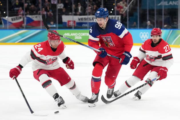 Milano Cortina 2026, Milan, Italy, 17.02, 2026, MiCo2026, MiCo, 2026, Olympics, Olympic, Winter Olympic, Olympic Winter games, Winterspiele,Spiele, Summer games Ice hockey, Eishockey Martin Necas of Czechia, centre, and Nikolaj Ehlers, left, and Oliver Bjorkstrand both of Denmark in action during play off ice hockey game between Czech Republic and Denmark Milano Cortina 2026 Olympic Winter Games in Milan, Italy, 17.02.2026. Photo: Roman Koksarov (RKF) Milan Italy Copyright: xRomanxKoksarovx DSC02631.JPG