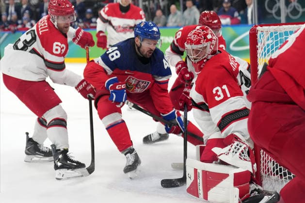 Milano Cortina 2026, Milan, Italy, 17.02, 2026, MiCo2026, MiCo, 2026, Olympics, Olympic, Winter Olympic, Olympic Winter games, Winterspiele,Spiele, Summer games Ice hockey, Eishockey Tomas Hertl of Czechia and Frederik Andersen of Denmark in action during play off ice hockey game between Czech Republic and Denmark Milano Cortina 2026 Olympic Winter Games in Milan, Italy, 17.02.2026. Photo: Roman Koksarov (RKF) Milan Italy Copyright: xRomanxKoksarovx DSC02679.JPG