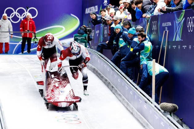 OLYMPICS - Winter Olympic Games, Olympische Spiele, Olympia, OS Milano Cortina 2026 CORTINA D AMPEZZO,ITALY,17.FEB.26 - OLYMPICS, BOBSLEIGH - Winter Olympic Games Milano Cortina 2026, 2-man, men. Image shows Jekabs Kalenda and Matiss Miknis (LAT).  GEPAxpictures xMaticxKlansek