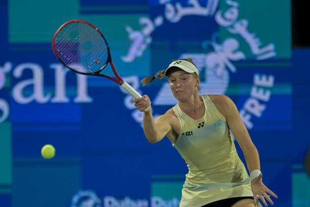 2026 Dubai Duty Free Tennis Championships DUBAI, UAE - FEBRUARY 17: Elena Rybakina of Kazakhstan competes against Kimberly Birrell (not seen) of Australia during the 2026 Dubai Duty Free Tennis Championships last 16 match between Elena Rybakina and Kimberly Birrell at Dubai Duty Free Tennis Stadium in Dubai, United Arab Emirates on February 17, 2026. Waleed Zein Anadolu Dubai United Arab Emirates. Editorial use only. Please get in touch for any other usage.  Copyright: x2026xAnadoluxWaleedxZeinx