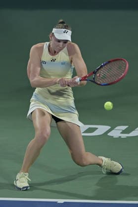 2026 Dubai Duty Free Tennis Championships DUBAI, UAE - FEBRUARY 17: Elena Rybakina of Kazakhstan competes against Kimberly Birrell (not seen) of Australia during the 2026 Dubai Duty Free Tennis Championships last 16 match between Elena Rybakina and Kimberly Birrell at Dubai Duty Free Tennis Stadium in Dubai, United Arab Emirates on February 17, 2026. Waleed Zein Anadolu Dubai United Arab Emirates. Editorial use only. Please get in touch for any other usage.  Copyright: x2026xAnadoluxWaleedxZeinx