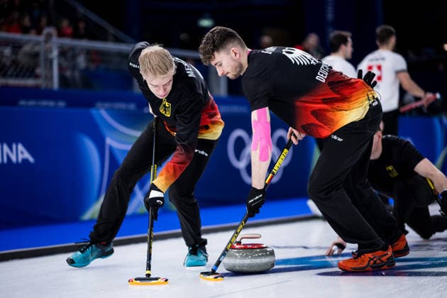 CORTINA, ITALY - FEBRUARY 17: Felix Messenzehl (Germany), Benjamin Kapp (Germany) during the Curling Men Germany vs Switzerland - Round Robin Session 10 at the Milano Cortina 2026 Olympics at Cortina Curling Olympic Stadium on day 11 of the Milano Cortina 2026 Olympics on February 17, 2026 in Cortina, Italy. Editorial use only. Italy Copyright: xSteffiexWunderlx