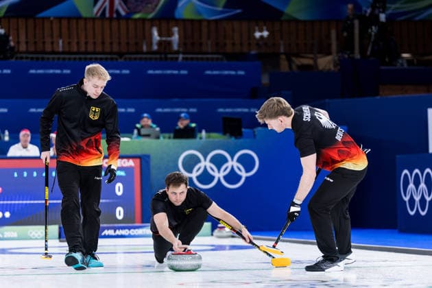 CORTINA, ITALY - FEBRUARY 17: Felix Messenzehl (Germany), Marc Muskatewitz (Germany), Benjamin Kapp (Germany) during the Curling Men Germany vs Switzerland - Round Robin Session 10 at the Milano Cortina 2026 Olympics at Cortina Curling Olympic Stadium on day 11 of the Milano Cortina 2026 Olympics on February 17, 2026 in Cortina, Italy. Editorial use only. Italy Copyright: xSteffiexWunderlx