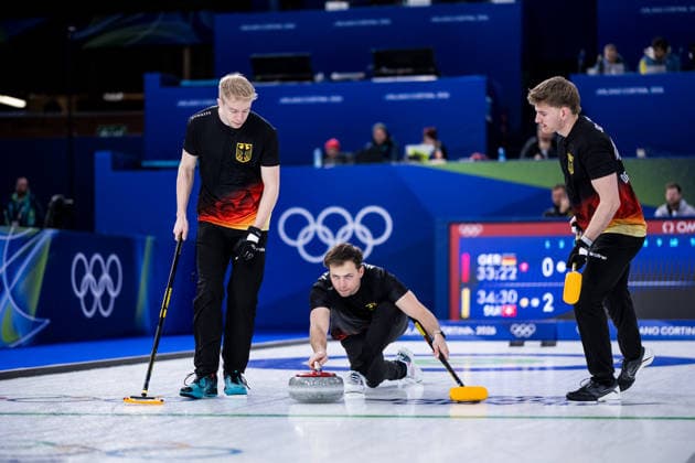CORTINA, ITALY - FEBRUARY 17: Felix Messenzehl (Germany), Marc Muskatewitz (Germany), Johannes Scheuerl (Germany) during the Curling Men Germany vs Switzerland - Round Robin Session 10 at the Milano Cortina 2026 Olympics at Cortina Curling Olympic Stadium on day 11 of the Milano Cortina 2026 Olympics on February 17, 2026 in Cortina, Italy. Editorial use only. Italy Copyright: xSteffiexWunderlx