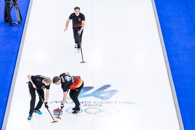 CORTINA, ITALY - FEBRUARY 17: Felix Messenzehl (Germany), Johannes Scheuerl (Germany), Marc Muskatewitz (Germany) during the Curling Men Germany vs Switzerland - Round Robin Session 10 at the Milano Cortina 2026 Olympics at Cortina Curling Olympic Stadium on day 11 of the Milano Cortina 2026 Olympics on February 17, 2026 in Cortina, Italy. Editorial use only. Italy Copyright: xSteffiexWunderlx