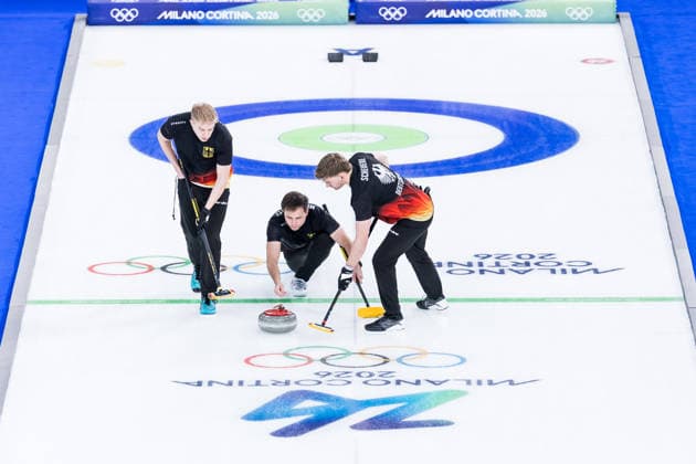 CORTINA, ITALY - FEBRUARY 17: Felix Messenzehl (Germany), Marc Muskatewitz (Germany), Johannes Scheuerl (Germany) during the Curling Men Germany vs Switzerland - Round Robin Session 10 at the Milano Cortina 2026 Olympics at Cortina Curling Olympic Stadium on day 11 of the Milano Cortina 2026 Olympics on February 17, 2026 in Cortina, Italy. Editorial use only. Italy Copyright: xSteffiexWunderlx