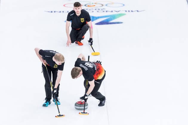 CORTINA, ITALY - FEBRUARY 17: Felix Messenzehl (Germany), Benjamin Kapp (Germany), Johannes Scheuerl (Germany) during the Curling Men Germany vs Switzerland - Round Robin Session 10 at the Milano Cortina 2026 Olympics at Cortina Curling Olympic Stadium on day 11 of the Milano Cortina 2026 Olympics on February 17, 2026 in Cortina, Italy. Editorial use only. Italy Copyright: xSteffiexWunderlx