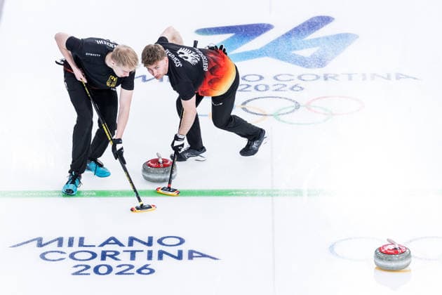 CORTINA, ITALY - FEBRUARY 17: Felix Messenzehl (Germany), Johannes Scheuerl (Germany) during the Curling Men Germany vs Switzerland - Round Robin Session 10 at the Milano Cortina 2026 Olympics at Cortina Curling Olympic Stadium on day 11 of the Milano Cortina 2026 Olympics on February 17, 2026 in Cortina, Italy. Editorial use only. Italy Copyright: xSteffiexWunderlx