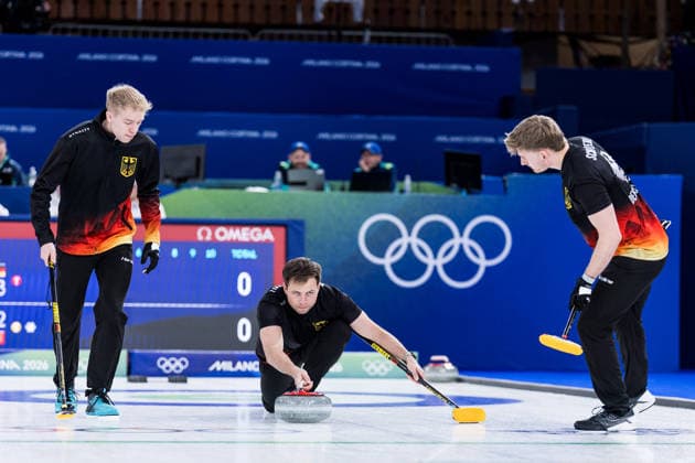 CORTINA, ITALY - FEBRUARY 17: Felix Messenzehl (Germany), Marc Muskatewitz (Germany), Benjamin Kapp (Germany) during the Curling Men Germany vs Switzerland - Round Robin Session 10 at the Milano Cortina 2026 Olympics at Cortina Curling Olympic Stadium on day 11 of the Milano Cortina 2026 Olympics on February 17, 2026 in Cortina, Italy. Editorial use only. Italy Copyright: xSteffiexWunderlx