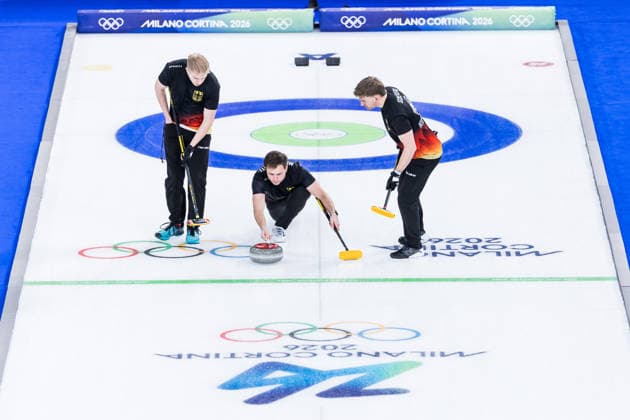 CORTINA, ITALY - FEBRUARY 17: Felix Messenzehl (Germany), Marc Muskatewitz (Germany), Johannes Scheuerl (Germany) during the Curling Men Germany vs Switzerland - Round Robin Session 10 at the Milano Cortina 2026 Olympics at Cortina Curling Olympic Stadium on day 11 of the Milano Cortina 2026 Olympics on February 17, 2026 in Cortina, Italy. Editorial use only. Italy Copyright: xSteffiexWunderlx
