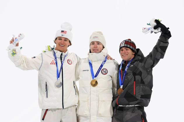 OLYMPICS - Winter Olympic Games, Olympische Spiele, Olympia, OS Milano Cortina 2026 LIVIGNO,ITALY,17.FEB.26 - OLYMPICS, FREE SKI, FREESTYLE SKIING - Winter Olympic Games Milano Cortina 2026, big air, men, final, medal ceremony. Image shows the rejoicing of Mac Forehand (USA), Tormod Frostad (NOR) and Matej Svancer (AUT).  GEPAxpictures xWolfgangxGrebien