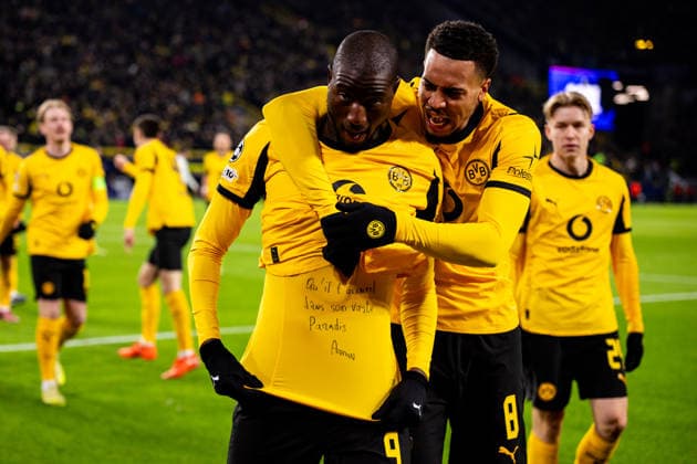 DORTMUND, GERMANY - FEBRUARY 17: Serhou Guirassy of Borussia Dortmund and Felix Nmecha of Borussia Dortmund celebrate their team s first goal during the UEFA Champions League 2025 26 League Knockout Play-off First Leg match between Borussia Dortmund and Atalanta BC at BVB Stadion Dortmund on February 17, 2026 in Dortmund, Germany. (Photo by Rene Nijhuis) SPO  Copyright: xRenexNijhuis
