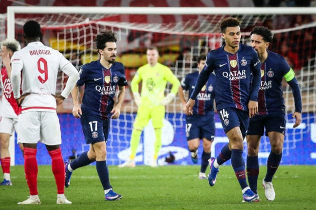 February 17, 2026, Monaco, France, Monaco: Desire DOUE of PSG celebrate his goal with MARQUINHOS of PSG and Vitor MACHADO FERREIRA (Vitinha) of PSG during the UEFA Champions League match between AS Monaco and Paris Saint-Germain at Louis II Stadium on February 17, 2026 in Monaco, Monaco. Monaco Monaco - ZUMAm308 20260217_zsp_m308_009 Copyright: xMatthieuxMirvillex