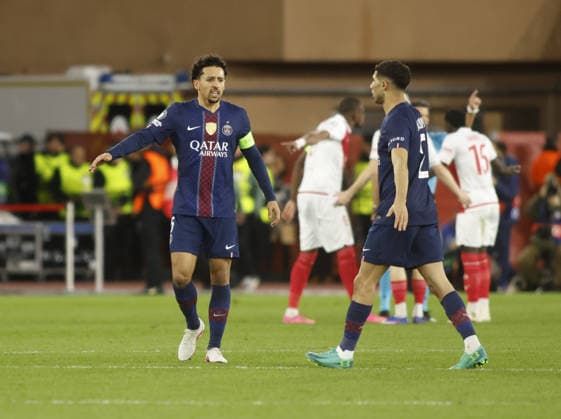 Marquinhos of FC Paris Saint-Germain and Achraf Hakimi of FC Paris Saint-Germainduring the Uefa Champions League, season 2025 2026, first leg play-off, football match between AS Monaco and FC Paris Saint-Germain on 17 February 2026 at Stade Louis II, Monaco. Photo Nderim Kaceli  Copyright: xNderimxKaceli IPAxSportx xipa-agency.netx xx IPA_71657891 IPA_Agency_IPA71657891
