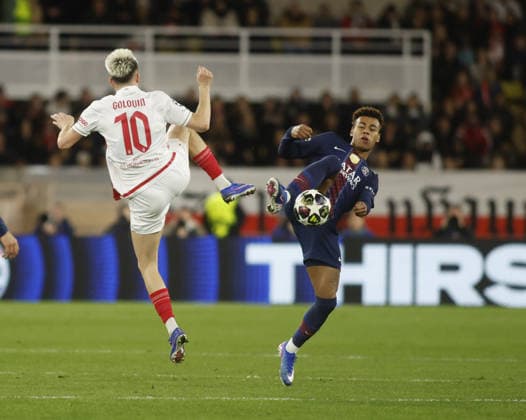Desire Doue of FC Paris Saint-Germain and Alexander Golovin of AS Monaco during the Uefa Champions League, season 2025 2026, first leg play-off, football match between AS Monaco and FC Paris Saint-Germain on 17 February 2026 at Stade Louis II, Monaco. Photo Nderim Kaceli  Copyright: xNderimxKaceli IPAxSportx xipa-agency.netx xx IPA_71657951 IPA_Agency_IPA71657951