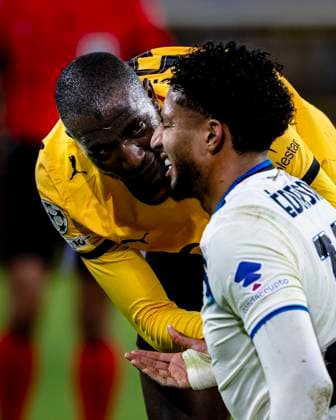 Borussia Dortmund forwarder Serhou Guirassy, Atalanta midfielder Ederson, during the match Borussia Dortmund vs Atalanta BC at the BVB Stadion Dortmund for the Champions League - KO play-offs - 1st leg season 2025-2026 in DORTMUND, Germany on 17 february 2026. (Photo by Stefan Koops EYE4IMAGES DeFodi Images) -
