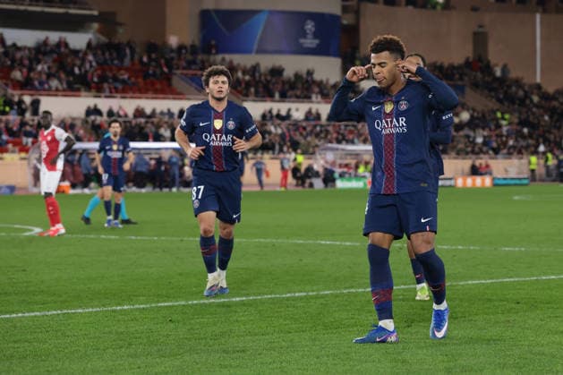 Monaco, Monaco, 17th February 2026. Desire Doue of PSG celebrates with team mates after scoring his second goal of the evening to give the visitors a 3-2 lead during the AS Monaco vs Paris Saint Germain UEFA Champions League match at Stade Louis II, Monaco. Picture credit should read: Jonathan Moscrop Sportimage EDITORIAL USE ONLY. No use with unauthorised audio, video, data, fixture lists, club league logos or live services. Online in-match use limited to 120 images, no video emulation. No use in betting, games or single club league player publications. SPI_022_MONACO_PSG_UCL_ SPI-4526-0022
