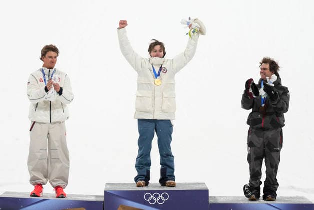 Gold medalist Tormod Frostad of Norway (C), silver medalist Mac Forehand of the United States (L), and bronze medalist Matej Svancer of Austria celebrate on the podium after the Men s Freestyle Skiing Big Air competition at the Milano Cortina 2026 Winter Olympic Games, Olympische Spiele, Olympia, OS in Livigno, Italy, on Tuesday, February 17, 2026.  OLY20260217801 BOBxSTRONG