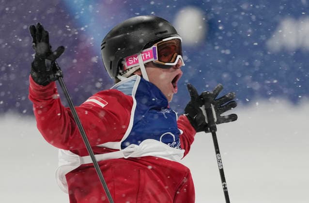 Matej Svancer of Austria reacts in the finish area after his final run in the Men s Freestyle Skiing Big Air competition at the Milano Cortina 2026 Winter Olympic Games, Olympische Spiele, Olympia, OS in Livigno, Italy, on Tuesday, February 17, 2026. Tormod Frostad of Norway won the gold medal, Mac Forehand of the United States won the silver medal and Svancer won the bronze medal.  OLY20260217807 BOBxSTRONG