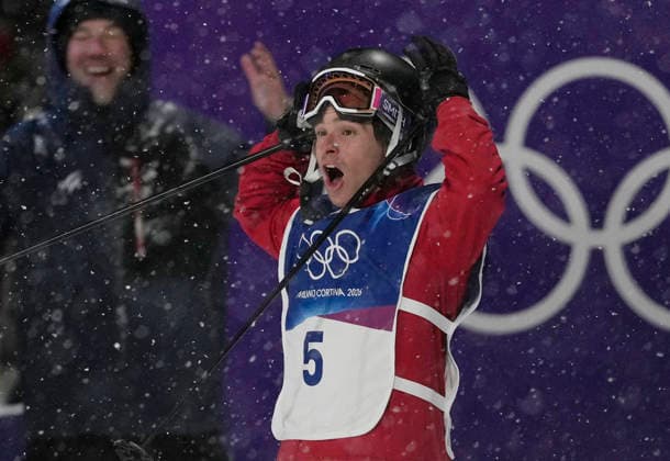 Matej Svancer of Austria reacts in the finish area after his final run in the Men s Freestyle Skiing Big Air competition at the Milano Cortina 2026 Winter Olympic Games, Olympische Spiele, Olympia, OS in Livigno, Italy, on Tuesday, February 17, 2026. Tormod Frostad of Norway won the gold medal, Mac Forehand of the United States won the silver medal and Svancer won the bronze medal.  OLY20260217808 BOBxSTRONG