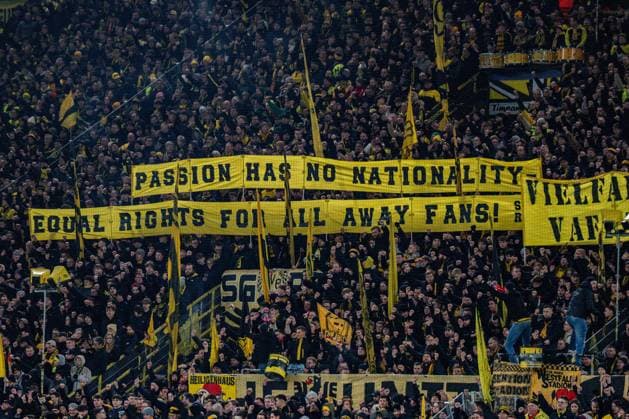17.02.2026, Borussia Dortmund vs. Atalanta Bergamo, UEFA Champions League, Playoffs Fanprotest Fanbanner Banner Passion has no Nationality Equal Rights for all away fans Regulations prohibit any use of photographs as image sequences and or quasi video Copyright: xBahhoxKarax