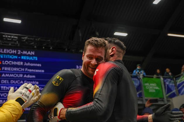 Gold medal award ceremony Ger - Lochner Johannes - Fleischhauer Georg during the Olympic Winter Milano-Cortina 2026, Bobsleigh 2-man on February 17, 2026 at Cortina Sliding Centre in Cortina, Italy  Copyright: xLucianoxMariaxBisi IPAxSportx xipa-agency.netx xx IPA_71660346 IPA_Agency_IPA71660346