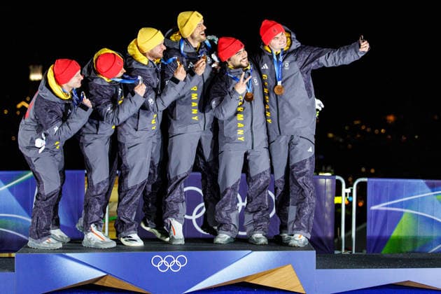 OLYMPICS - Winter Olympic Games, Olympische Spiele, Olympia, OS Milano Cortina 2026 CORTINA D AMPEZZO,ITALY,17.FEB.26 - OLYMPICS, BOBSLEIGH - Winter Olympic Games Milano Cortina 2026, 2-man, men, medal ceremony. Image shows the rejoicing of Francesco Friedrich and Alexander Schuller (GER), Johannes Lochner and Georg Fleischhauer (GER) and Adam Ammour and Alexander Schaller (GER). Keywords: medal.  GEPAxpictures xMaticxKlansek