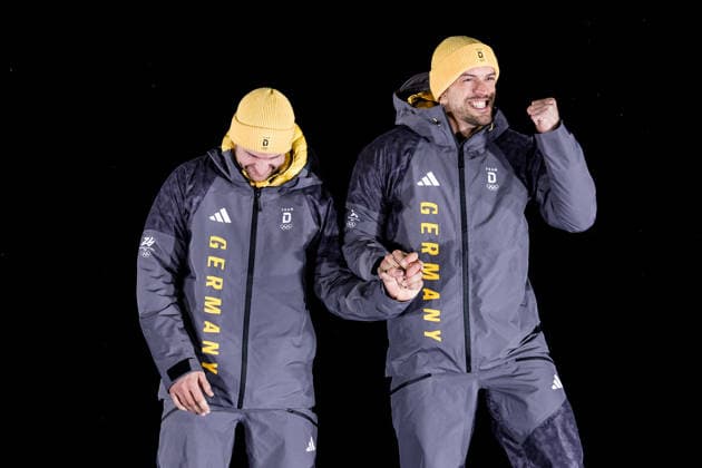 CORTINA, ITALY - FEBRUARY 17: Gold medalists Johannes Lochner and Georg Fleischhauer (Germany) during the Bobsleigh 2-man medal ceremony at the Milano Cortina 2026 Olympics at Cortina Sliding Centre on day 11 of the Milano Cortina 2026 Olympics on February 17, 2026 in Cortina, Italy. Editorial use only. Italy Copyright: xSteffiexWunderlx