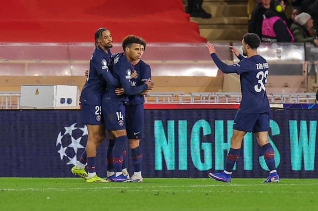 PSG players celebrate Desire Doue ( 14 - FC Paris Saint-Germain) goal during AS Monaco vs PSG, UEFA Champions League football match in Monaco, Principality of Monaco, February 17 2026  Copyright: xNicolaxMastronardi IPAxSportx xipa-agency.netx xx IPA_71660699 IPA_Agency_IPA71660699