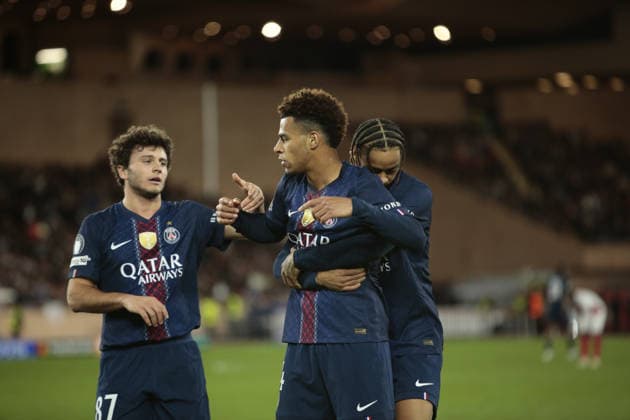 Desire Doue of FC Paris Saint-Germain- celebrating with team mates after a goal during the Uefa Champions League, season 2025 2026, first leg play-off, football match between AS Monaco and FC Paris Saint-Germain on 17 February 2026 at Stade Louis II, Monaco. Photo Nderim Kaceli  Copyright: xNderimxKaceli IPAxSportx xipa-agency.netx xx IPA_71660709 IPA_Agency_IPA71660709
