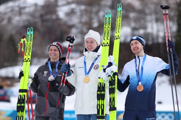 (L-R) LAMPARTER Johannes (AUT), OFTEBRO Jens Luraas (NOR), HEROLA Ilkka (FIN), FEBRUARY 17, 2026 - Nordic Combined : Individual LH 10km Medal ceremony during the Milano Cortina 2026 Olympic Winter games, Winterspiele,Spiele, Summer games at Tesero Cross-Country Skiing Stadium in Tesero, Italy. Noxthirdxpartyxsales  aflo_320292297
