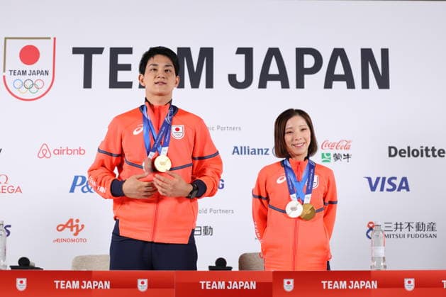 Riku Miura & Ryuichi Kihara (JPN), FEBRUARY 17, 2026 - Figure skating, Eiskunstlauf : Gold and Silver medalist Riku Miura & Ryuichi Kihara attend a press conference, PK, Pressekonferenz during the Milano Cortina 2026 Olympic Winter games, Winterspiele,Spiele, Summer games in Milan, Italy. Noxthirdxpartyxsales  aflo_320303640
