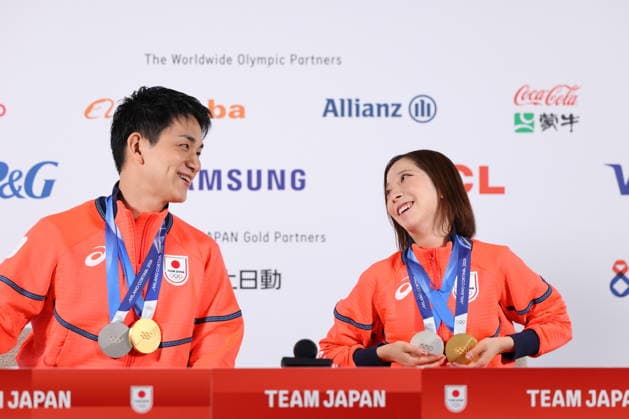 Riku Miura & Ryuichi Kihara (JPN), FEBRUARY 17, 2026 - Figure skating, Eiskunstlauf : Gold and Silver medalist Riku Miura & Ryuichi Kihara attend a press conference, PK, Pressekonferenz during the Milano Cortina 2026 Olympic Winter games, Winterspiele,Spiele, Summer games in Milan, Italy. Noxthirdxpartyxsales  aflo_320303642