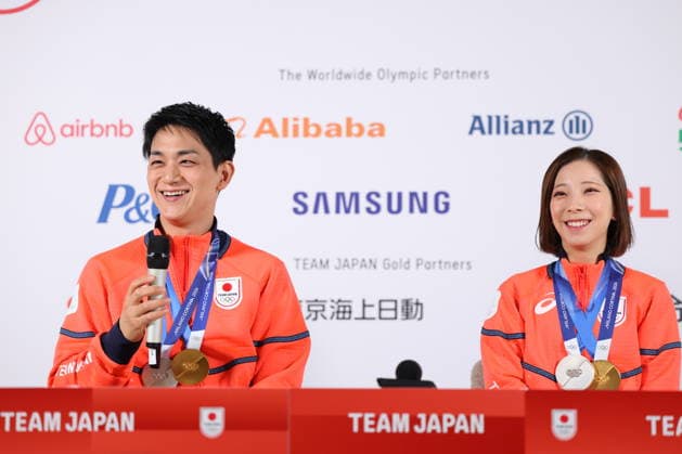 Riku Miura & Ryuichi Kihara (JPN), FEBRUARY 17, 2026 - Figure skating, Eiskunstlauf : Gold and Silver medalist Riku Miura & Ryuichi Kihara attend a press conference, PK, Pressekonferenz during the Milano Cortina 2026 Olympic Winter games, Winterspiele,Spiele, Summer games in Milan, Italy. Noxthirdxpartyxsales  aflo_320303645