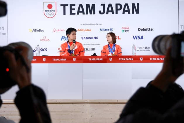 Riku Miura & Ryuichi Kihara (JPN), FEBRUARY 17, 2026 - Figure skating, Eiskunstlauf : Gold and Silver medalist Riku Miura & Ryuichi Kihara attend a press conference, PK, Pressekonferenz during the Milano Cortina 2026 Olympic Winter games, Winterspiele,Spiele, Summer games in Milan, Italy. Noxthirdxpartyxsales  aflo_320303649
