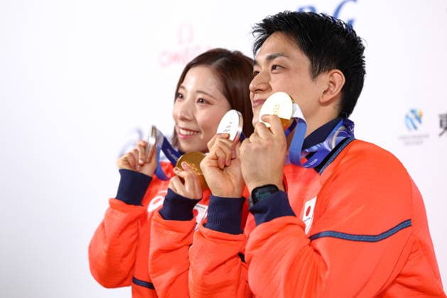 Riku Miura & Ryuichi Kihara (JPN), FEBRUARY 17, 2026 - Figure skating, Eiskunstlauf : Gold and Silver medalist Riku Miura & Ryuichi Kihara attend a press conference, PK, Pressekonferenz during the Milano Cortina 2026 Olympic Winter games, Winterspiele,Spiele, Summer games in Milan, Italy. Noxthirdxpartyxsales  aflo_320303659