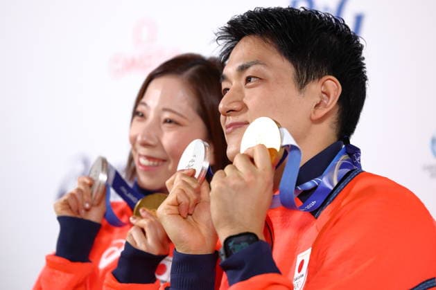 Riku Miura & Ryuichi Kihara (JPN), FEBRUARY 17, 2026 - Figure skating, Eiskunstlauf : Gold and Silver medalist Riku Miura & Ryuichi Kihara attend a press conference, PK, Pressekonferenz during the Milano Cortina 2026 Olympic Winter games, Winterspiele,Spiele, Summer games in Milan, Italy. Noxthirdxpartyxsales  aflo_320303660