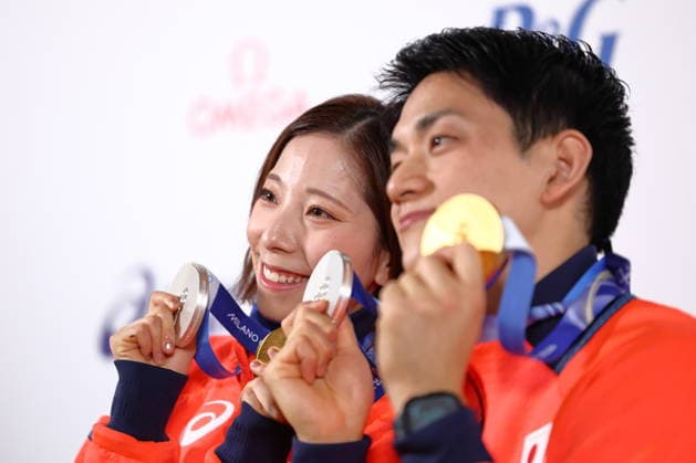 Riku Miura & Ryuichi Kihara (JPN), FEBRUARY 17, 2026 - Figure skating, Eiskunstlauf : Gold and Silver medalist Riku Miura & Ryuichi Kihara attend a press conference, PK, Pressekonferenz during the Milano Cortina 2026 Olympic Winter games, Winterspiele,Spiele, Summer games in Milan, Italy. Noxthirdxpartyxsales  aflo_320303661