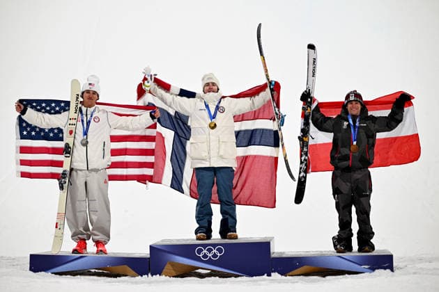 (260218) -- LIVIGNO, Feb. 18, 2026 -- Gold medalist Tormod Frostad (C) of Norway, silver medalist Mac Forehand (L) of the United States and bronze medalist Matej Svancer of Austria celebrate on the podium during the victory ceremony for Freestyle Skiing Men s Freeski Big Air at the Milan-Cortina 2026 Olympic Winter games, Winterspiele,Spiele, Summer games in Livigno, Italy, Feb. 17, 2026. ) (MICO2026)ITALY-LIVIGNO-OLYMPIC WINTER GAMES-FREESTYLE SKIING-MEN S FREESKI BIG AIR-FINAL ZhangxHongxiang 