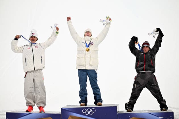 (260218) -- LIVIGNO, Feb. 18, 2026 -- Gold medalist Tormod Frostad (C) of Norway, silver medalist Mac Forehand (L) of the United States and bronze medalist Matej Svancer of Austria celebrate on the podium during the victory ceremony for Freestyle Skiing Men s Freeski Big Air at the Milan-Cortina 2026 Olympic Winter games, Winterspiele,Spiele, Summer games in Livigno, Italy, Feb. 17, 2026. ) (MICO2026)ITALY-LIVIGNO-OLYMPIC WINTER GAMES-FREESTYLE SKIING-MEN S FREESKI BIG AIR-FINAL ZhangxHongxiang 