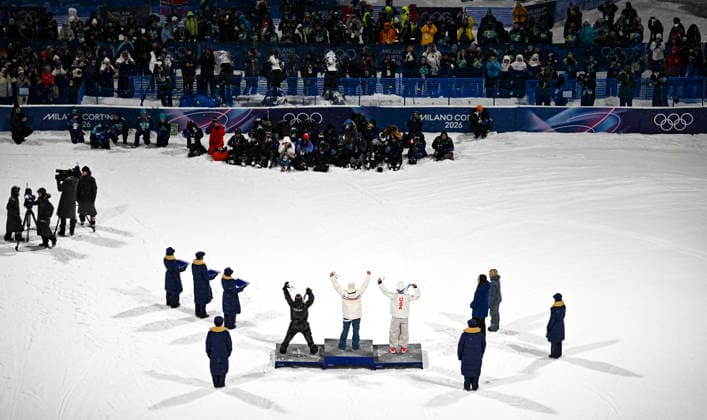 (260218) -- LIVIGNO, Feb. 18, 2026 -- Gold medalist Tormod Frostad (C) of Norway, silver medalist Mac Forehand (R) of the United States and bronze medalist Matej Svancer of Austria celebrate on the podium during the victory ceremony for Freestyle Skiing Men s Freeski Big Air at the Milan-Cortina 2026 Olympic Winter games, Winterspiele,Spiele, Summer games in Livigno, Italy, Feb. 17, 2026. ) (MICO2026)ITALY-LIVIGNO-OLYMPIC WINTER GAMES-FREESTYLE SKIING-MEN S FREESKI BIG AIR-FINAL XiaxYifang 