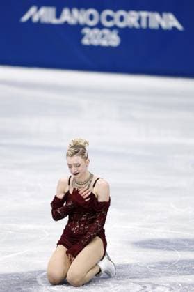 Milan Cortina Olympics: Figure skating, Eiskunstlauf Amber Glenn of the United States reacts after performing in the women s figure skating short program at the Milan Cortina Olympics at Milano Ice Skating Arena in Milan on Feb. 17, 2026.  A14AA0005298601P