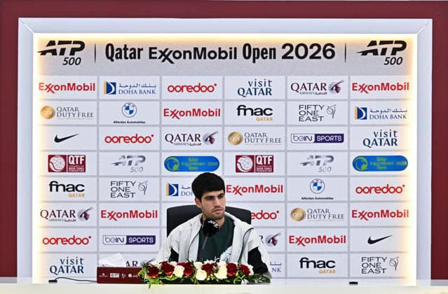 ATP, Tennis Herren QATAR OPEN 2026-CARLOS ALCARAZ press conference, PK, Pressekonferenz Spain s Carlos Alcaraz speaks at a press conference after defeating France s Arthur Rinderknech in their men s singles Round of 32 match at the ATP Qatar ExxonMobil Open 2026 tennis tournament at the Khalifa International Tennis Complex in Doha, Qatar on February 17, 2026. DOHA Qatar Copyright: xNOUSHADx
